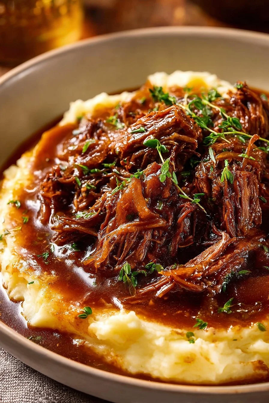 Juicy French Onion Pot Roast 1 Deliciously juicy French onion pot roast served with vegetables
