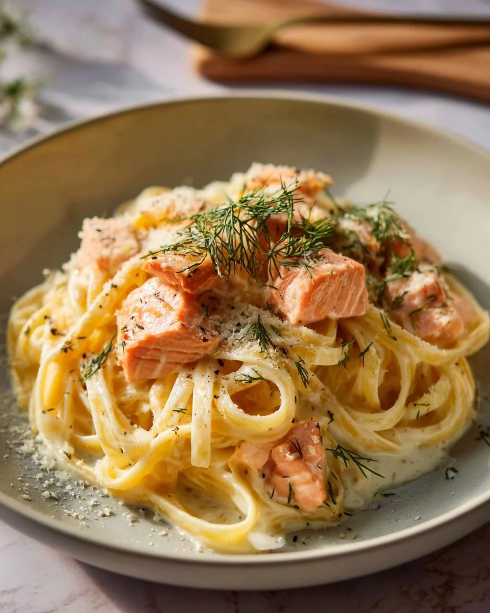 Lemon Dill Salmon Pasta 1 A delicious plate of Lemon Dill Salmon Pasta garnished with fresh herbs