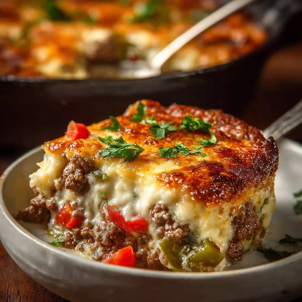 Low Carb Philly Cheesesteak Casserole 3 Low Carb Philly Cheesesteak Casserole with peppers and cheese