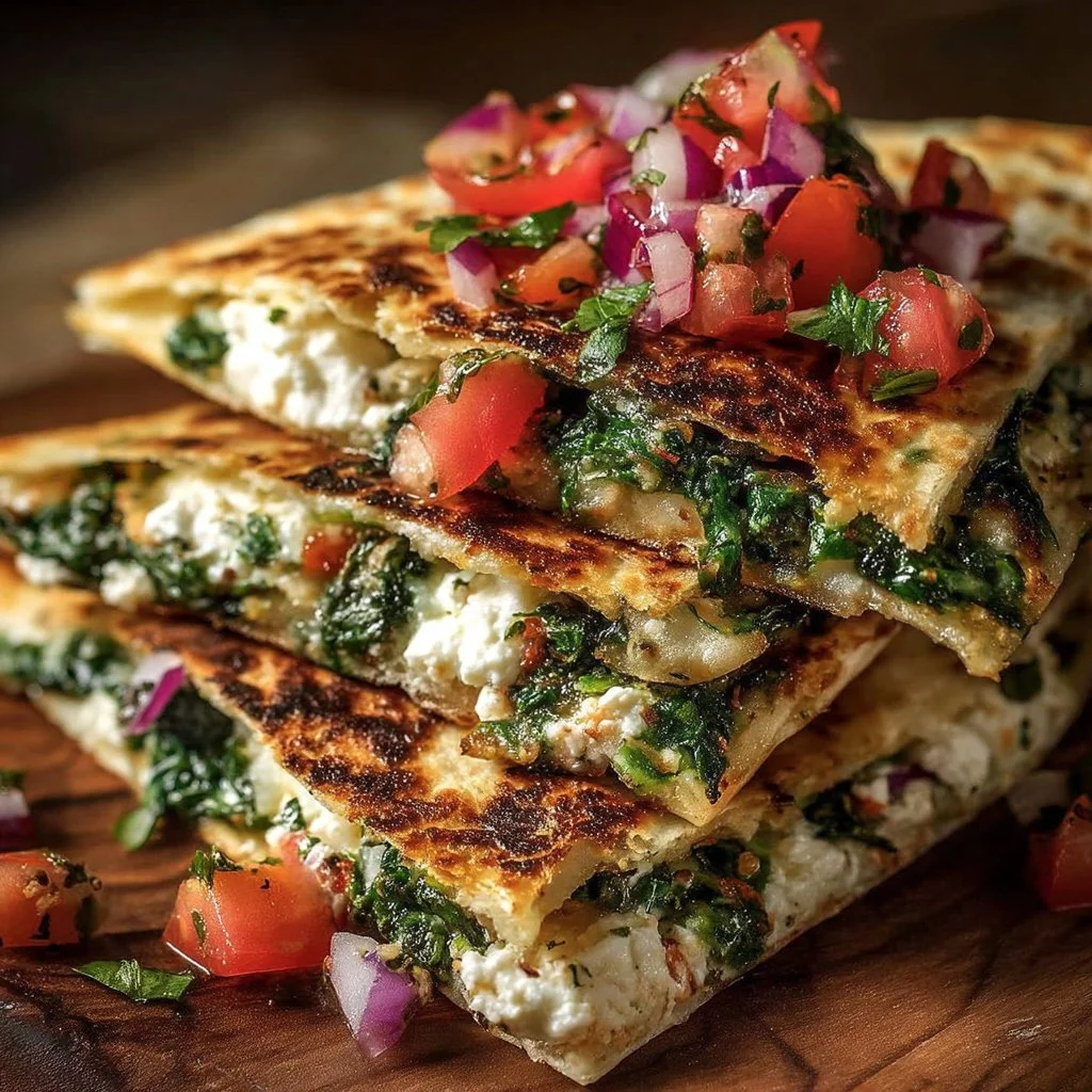 Mediterranean Quesadillas with Spinach, Feta, Mozzarella, and Red Onion 3 Mediterranean Quesadillas with spinach, feta, mozzarella, and red onion on a plate.