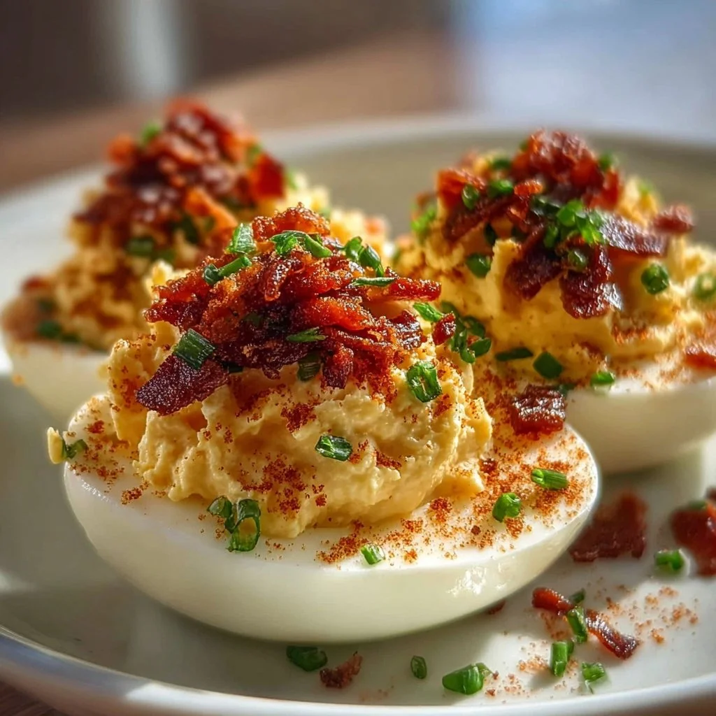 Million Dollar Bacon Deviled Eggs 3 Plate of Million Dollar Bacon Deviled Eggs topped with crispy bacon