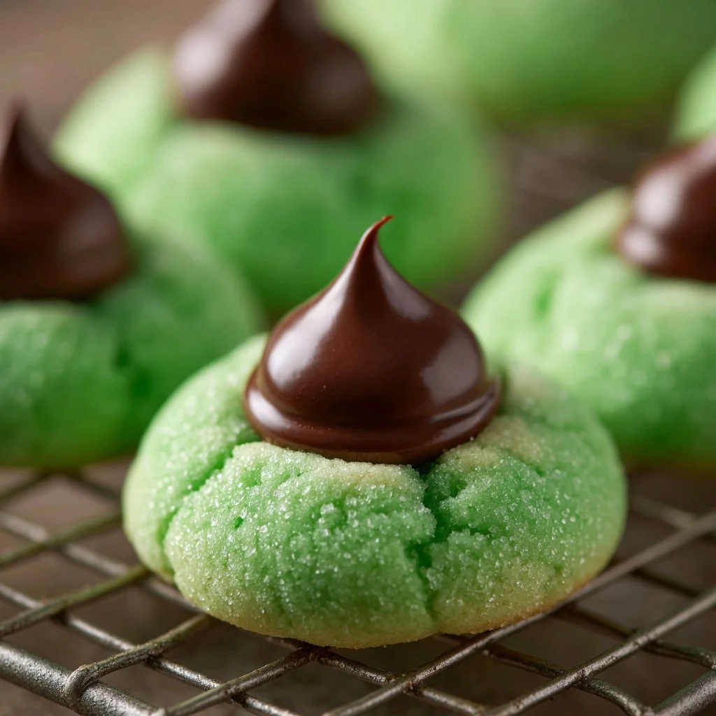 Mint chocolate kiss blossom cookies 4 Freshly baked mint chocolate kiss blossom cookies on a cooling rack.