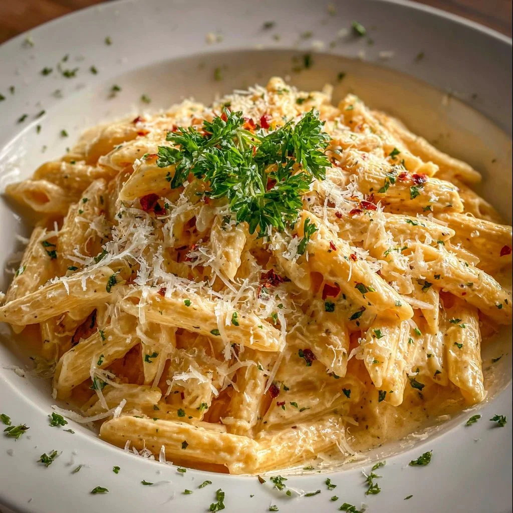 One Pot Creamy Garlic Pasta 3 One Pot Creamy Garlic Pasta in a bowl, garnished with fresh herbs