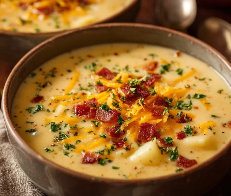OUTBACK POTATO SOUP 3 A bowl of Outback Potato Soup garnished with chives and cheese.