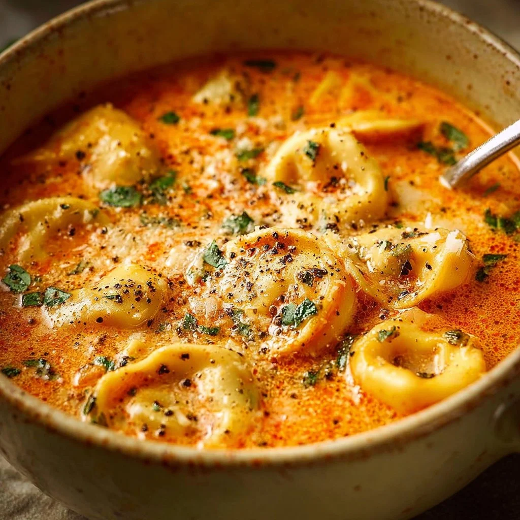 Parmesan Tomato Tortellini Soup 3 Bowl of Parmesan Tomato Tortellini Soup garnished with basil and Parmesan cheese