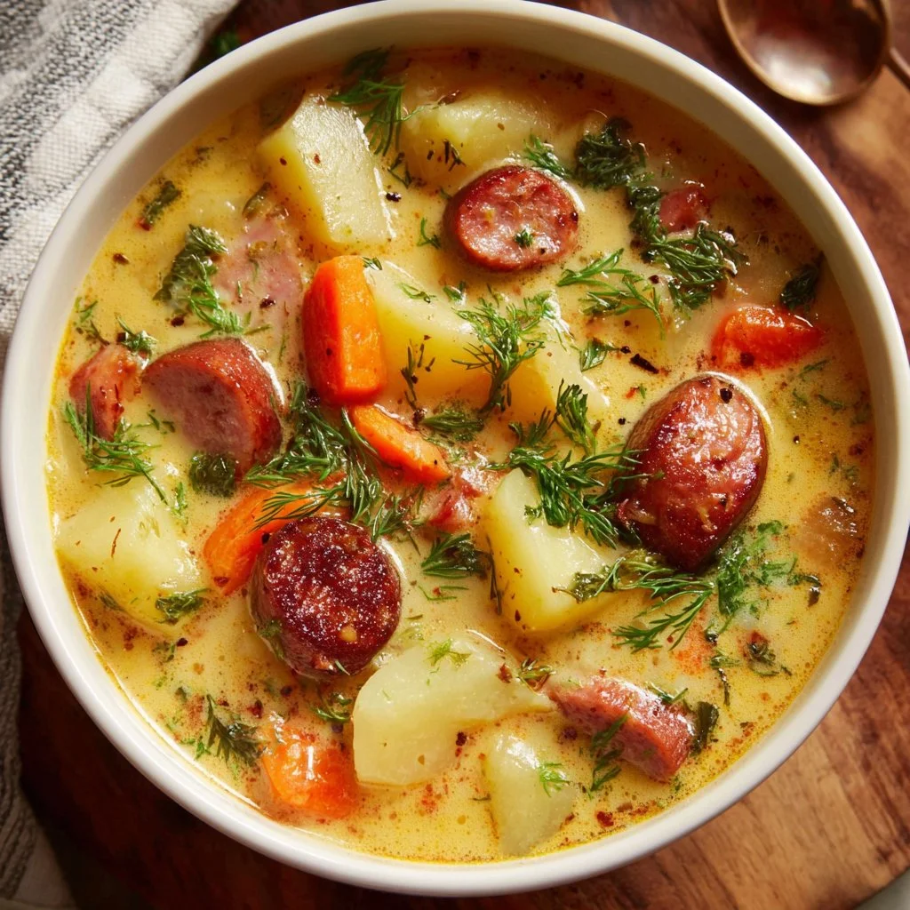 Polish Potato Soup 3 Bowl of traditional Polish Potato Soup garnished with herbs and spices