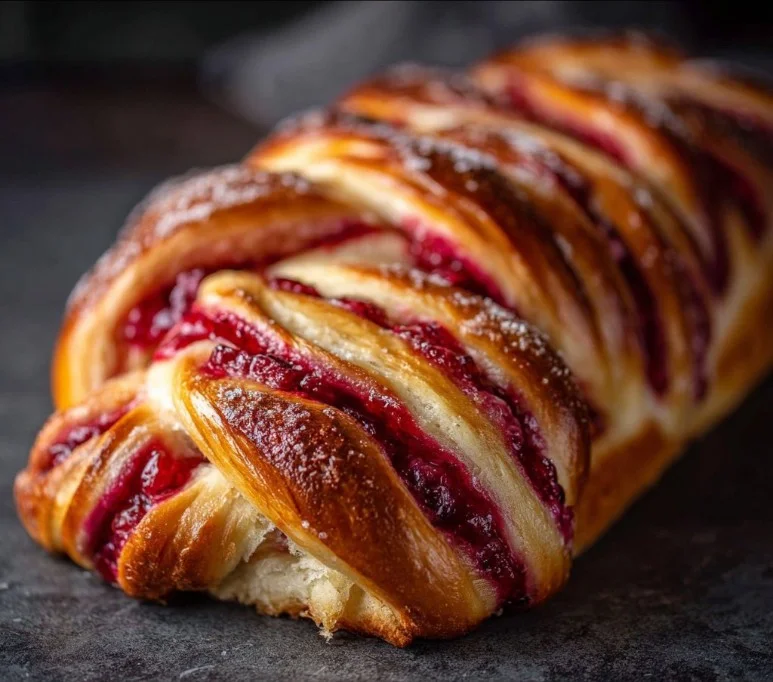 Raspberry Swirl Brioche Loaf 3 Freshly baked raspberry swirl brioche loaf on a wooden cutting board