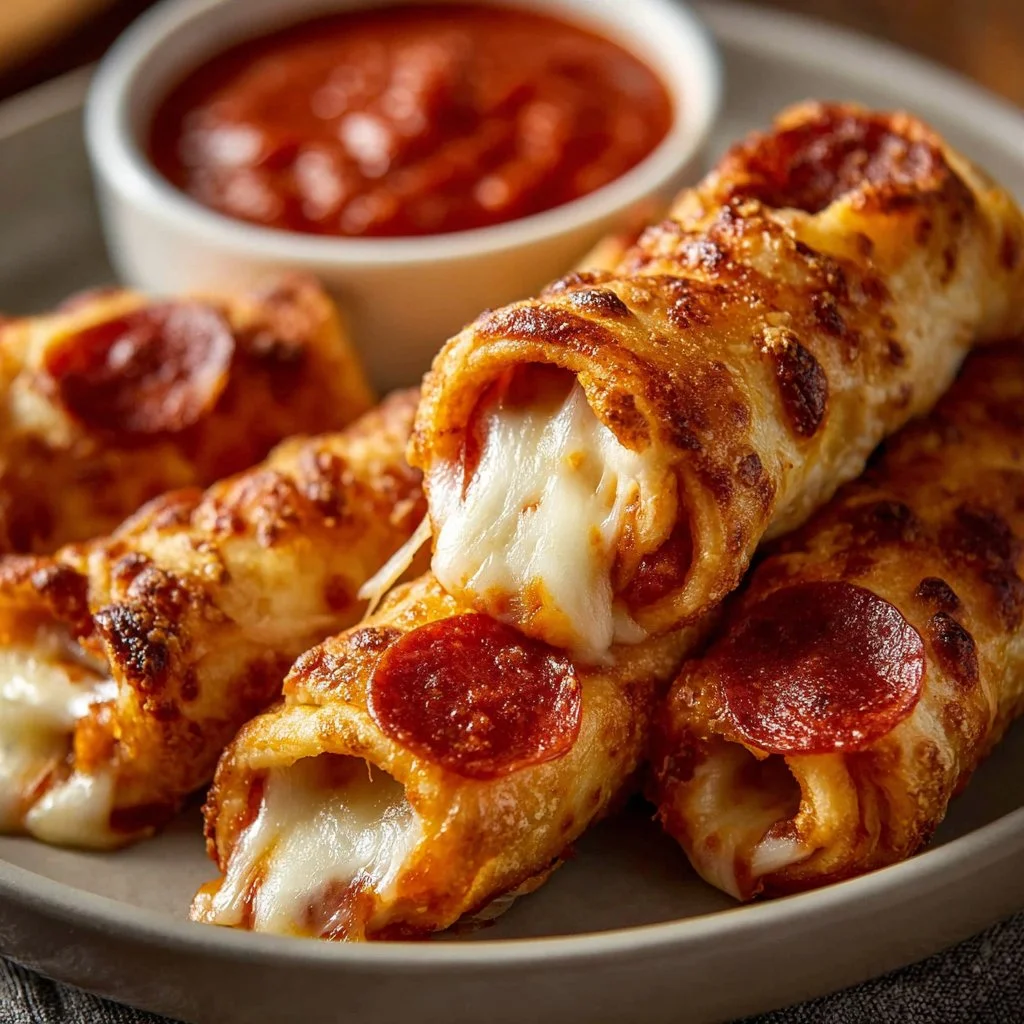 Savory Cheesy Pepperoni Pizza Roll Ups for Quick Snacks 3 Savory cheesy pepperoni pizza roll ups on a platter, perfect for quick snacks.