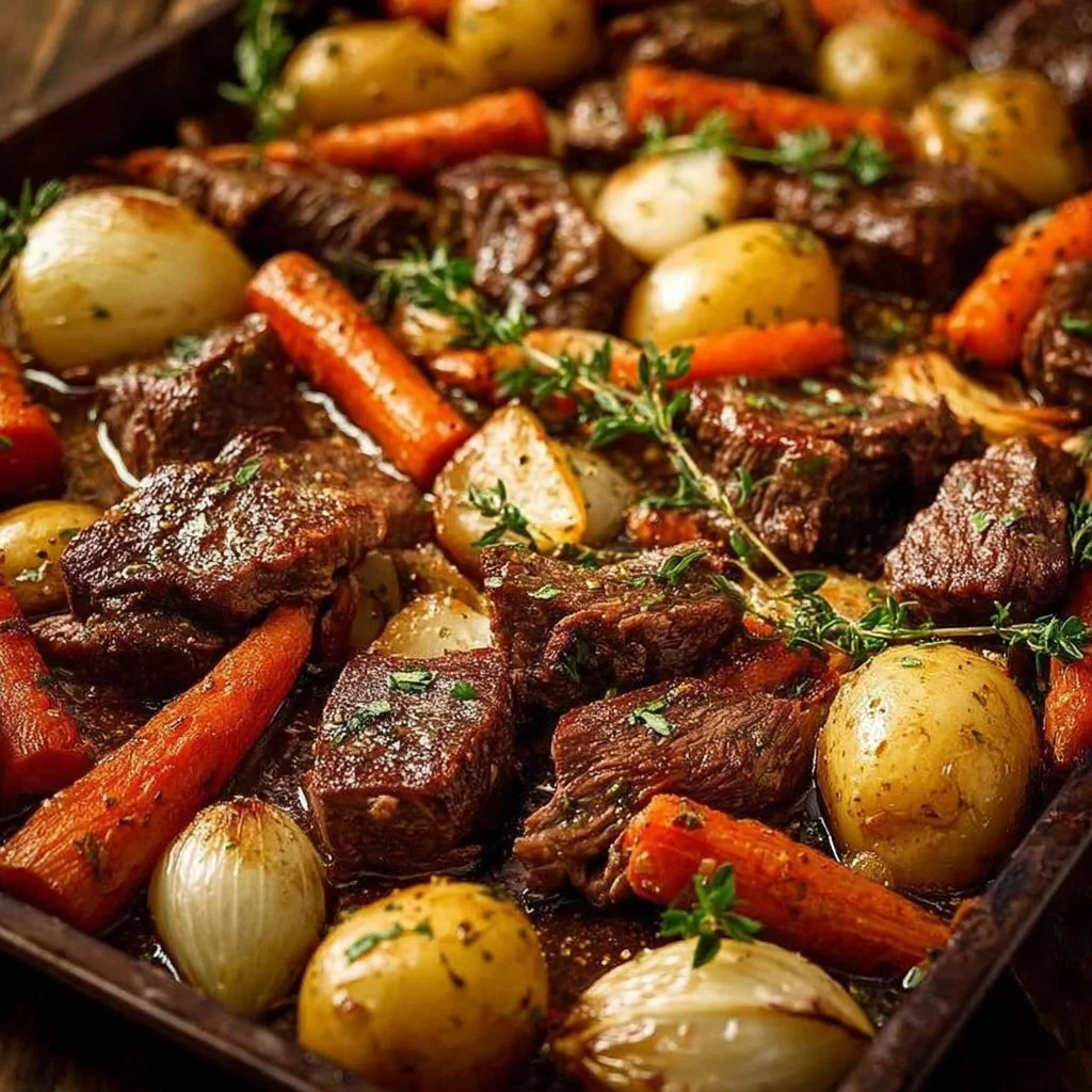 Sheet Pan Steak 3 Delicious Sheet Pan Steak served with vegetables and herbs.