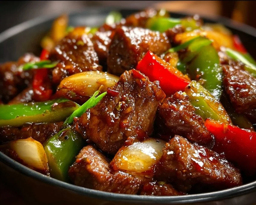Sizzling Chinese Pepper Steak with Onions 3 Sizzling Chinese pepper steak with onions served on a plate