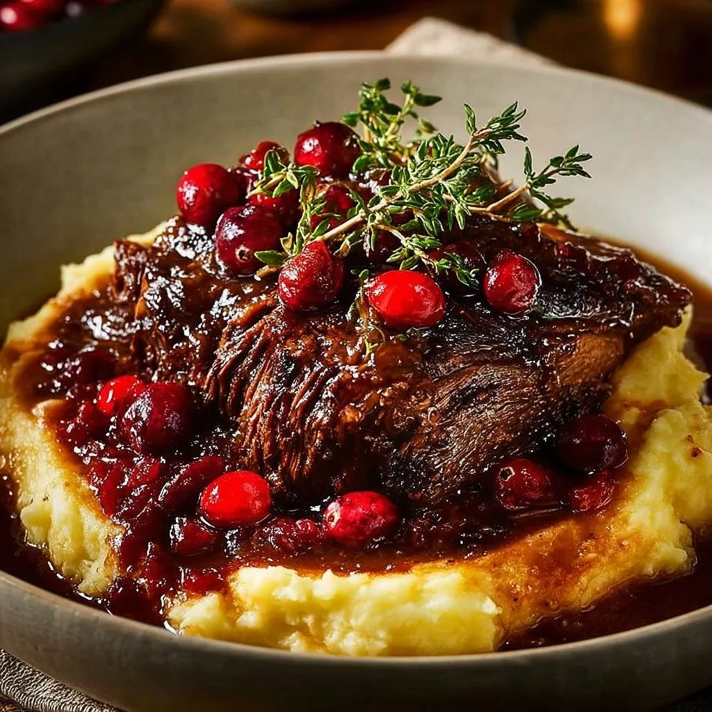 Slow-Braised Beef Roast with Cranberry Balsamic Glaze 3 Slow-braised beef roast with cranberry balsamic glaze served on a plate