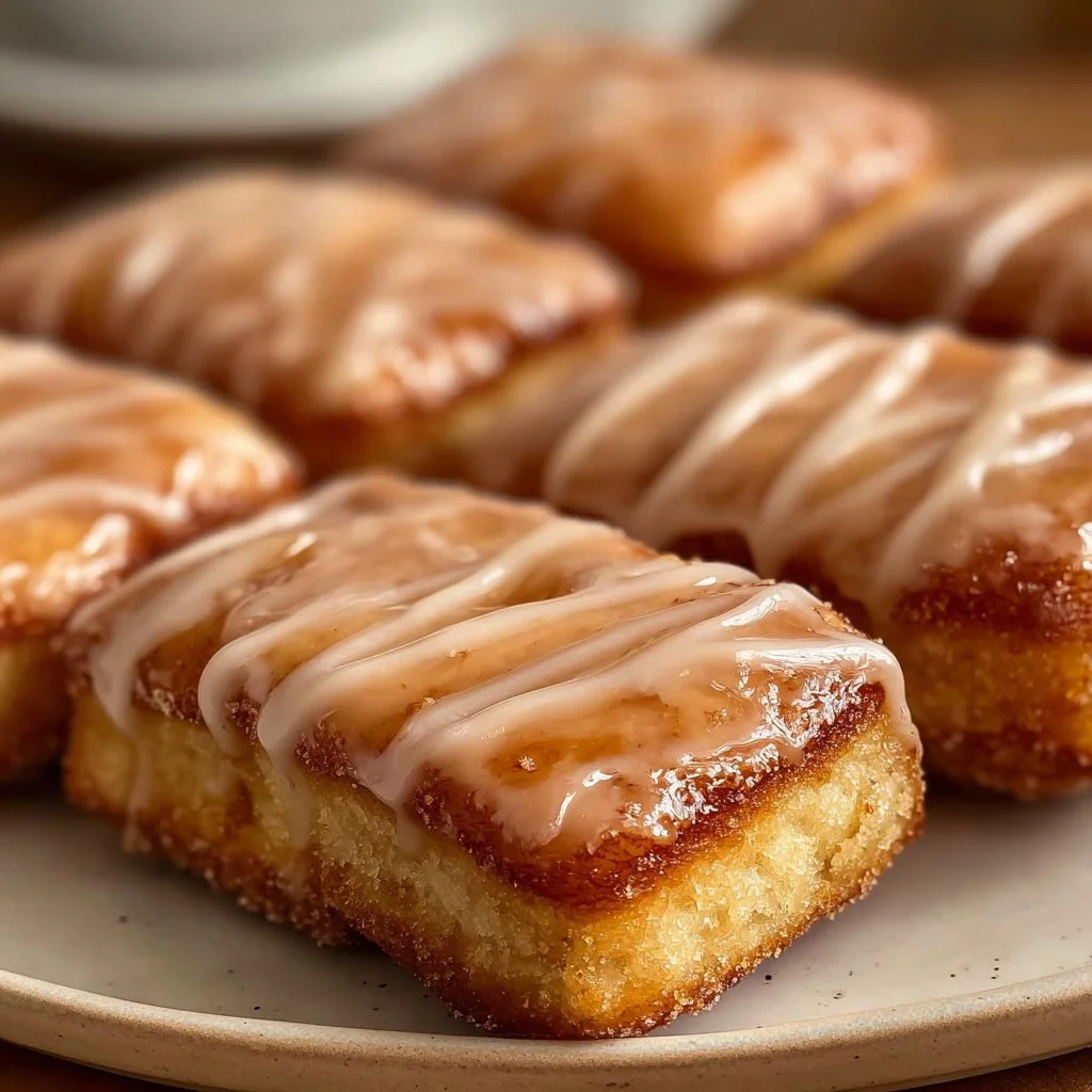Soft Baked Maple Donut Bars 3 Soft baked maple donut bars served on a plate, drizzled with maple syrup.
