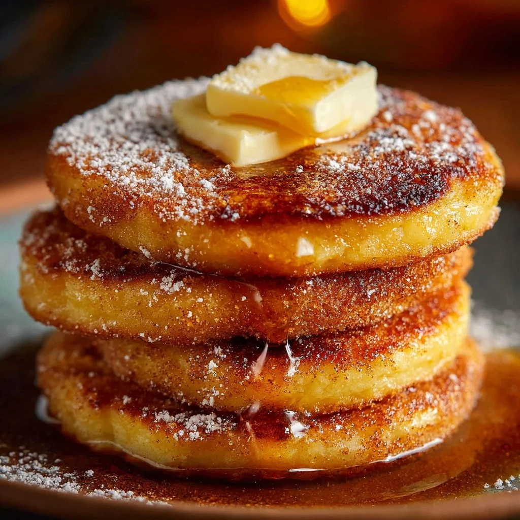 Spanish Churro-Inspired Pancakes: A Breakfast Delight! 3 Delicious churro-inspired pancakes dusted with cinnamon sugar and drizzled with chocolate sauce.