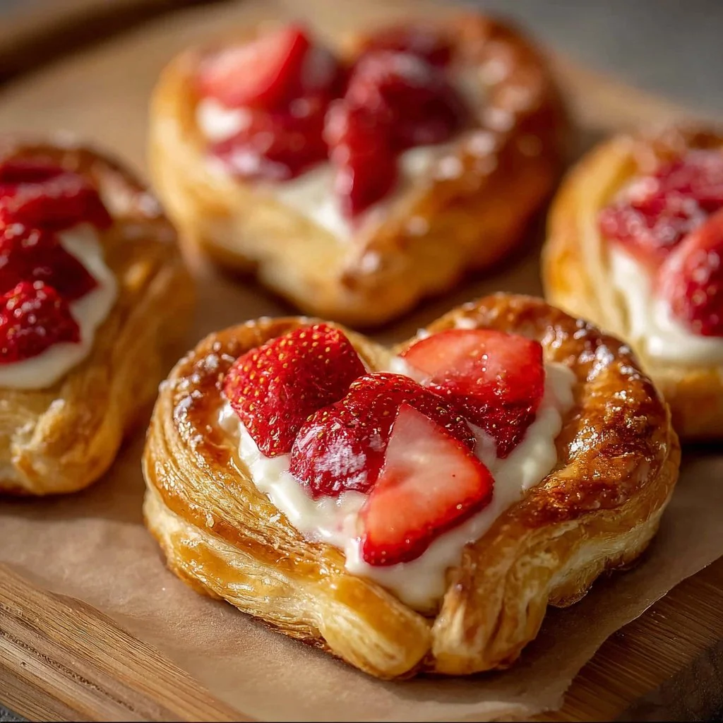 Strawberry Cream Cheese Heart Danishes 3 Strawberry Cream Cheese Danishes shaped like hearts, perfect for dessert