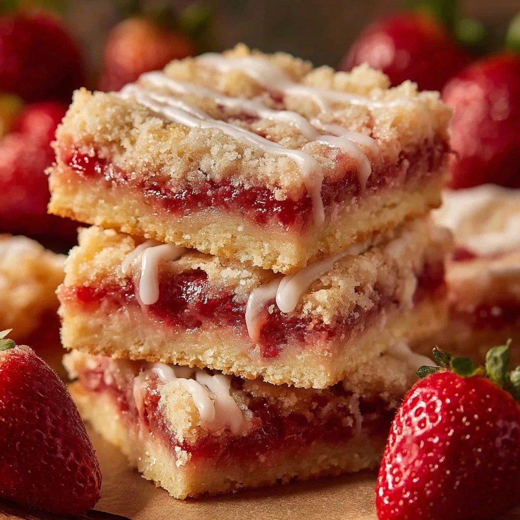 Delicious Strawberry Shortcake Bars topped with fresh strawberries and cream.