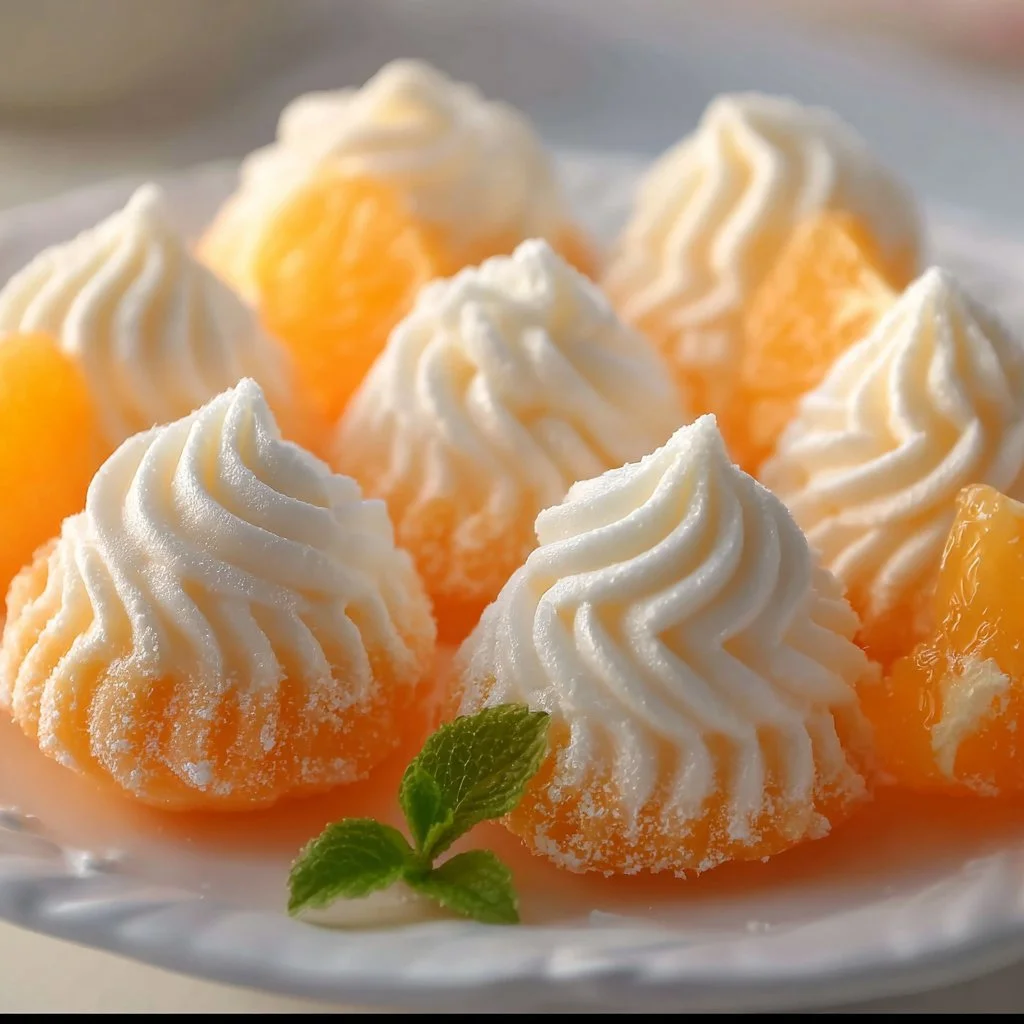 Sweet Orange Cream Cheese Mints: Refreshing No-Bake Bliss 3 Delicious orange cream cheese mints on a decorative plate