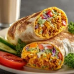 Delicious Buffalo Chickpea Wraps served on a plate with fresh vegetables