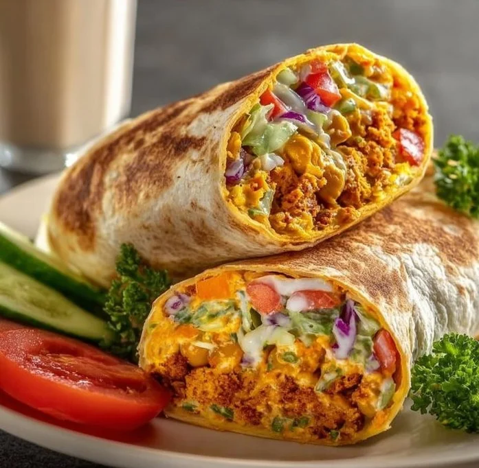 Delicious Buffalo Chickpea Wraps served on a plate with fresh vegetables