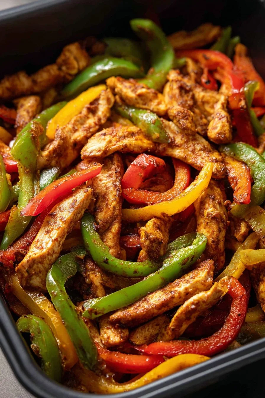 Delicious air fryer chicken fajitas with colorful peppers and onions