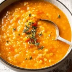 Bowl of vibrant anti-inflammatory red lentil soup topped with herbs and spices.