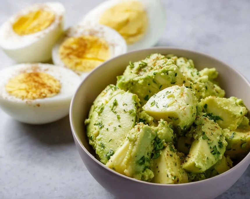 Avocado Egg Salad 3 Creamy avocado egg salad served in a bowl with herbs
