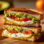 Delicious avocado, mozzarella, and tomato grilled cheese sandwich on a plate