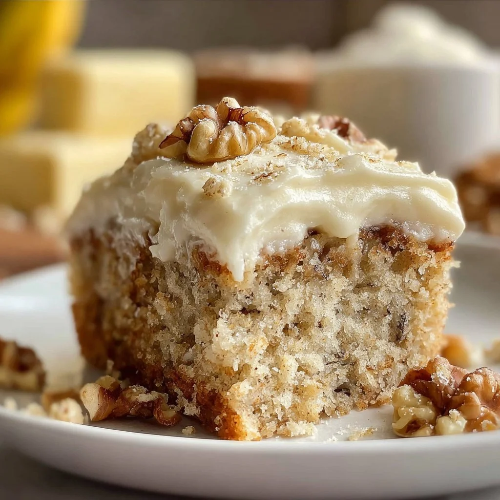 Delicious slice of Banana Bread Cake on a rustic wooden table