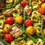 Basil Pesto Chicken served with tortellini and asparagus on a white plate