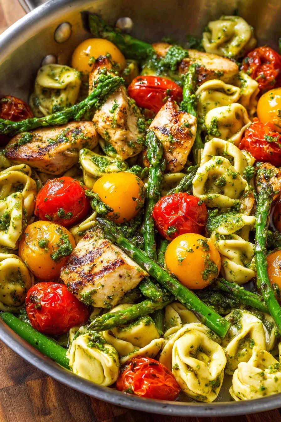 Basil Pesto Chicken with Tortellini and Asparagus 1 Basil Pesto Chicken served with tortellini and asparagus on a white plate