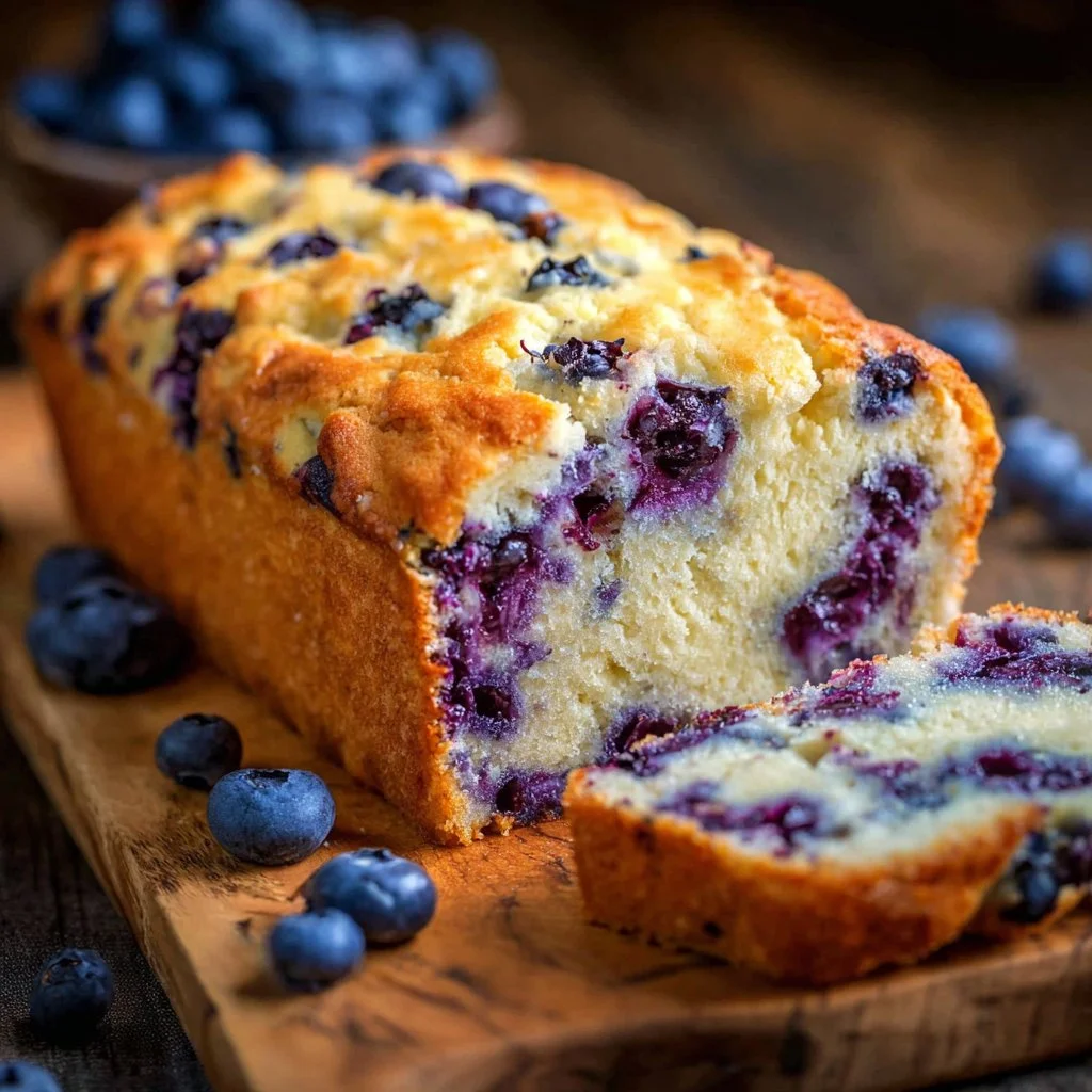 Delicious slice of Blueberry Cream Cheese Bread with fresh blueberries