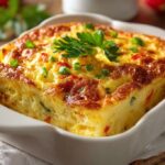 Delicious and hearty breakfast casserole served in a dish.