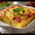 Delicious and hearty breakfast casserole served in a dish.
