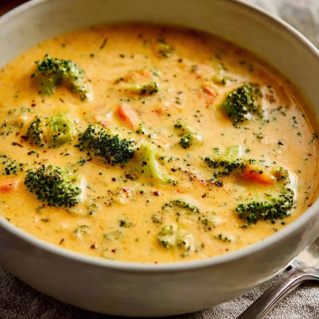 Delicious bowl of broccoli cheddar soup topped with cheese and fresh herbs