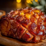 Brown Sugar Pineapple Ham Bake drizzled with caramelized brown sugar and pineapple