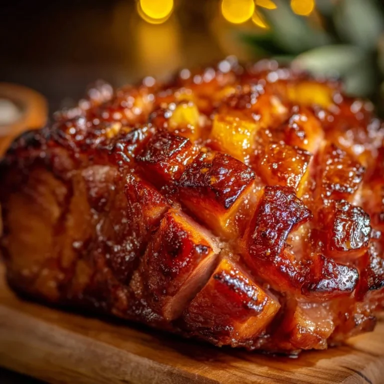 Brown Sugar Pineapple Ham Bake drizzled with caramelized brown sugar and pineapple