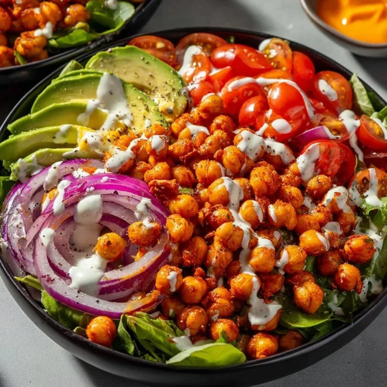 Bowl of Buffalo Chickpea Salad garnished with fresh herbs and vegetables