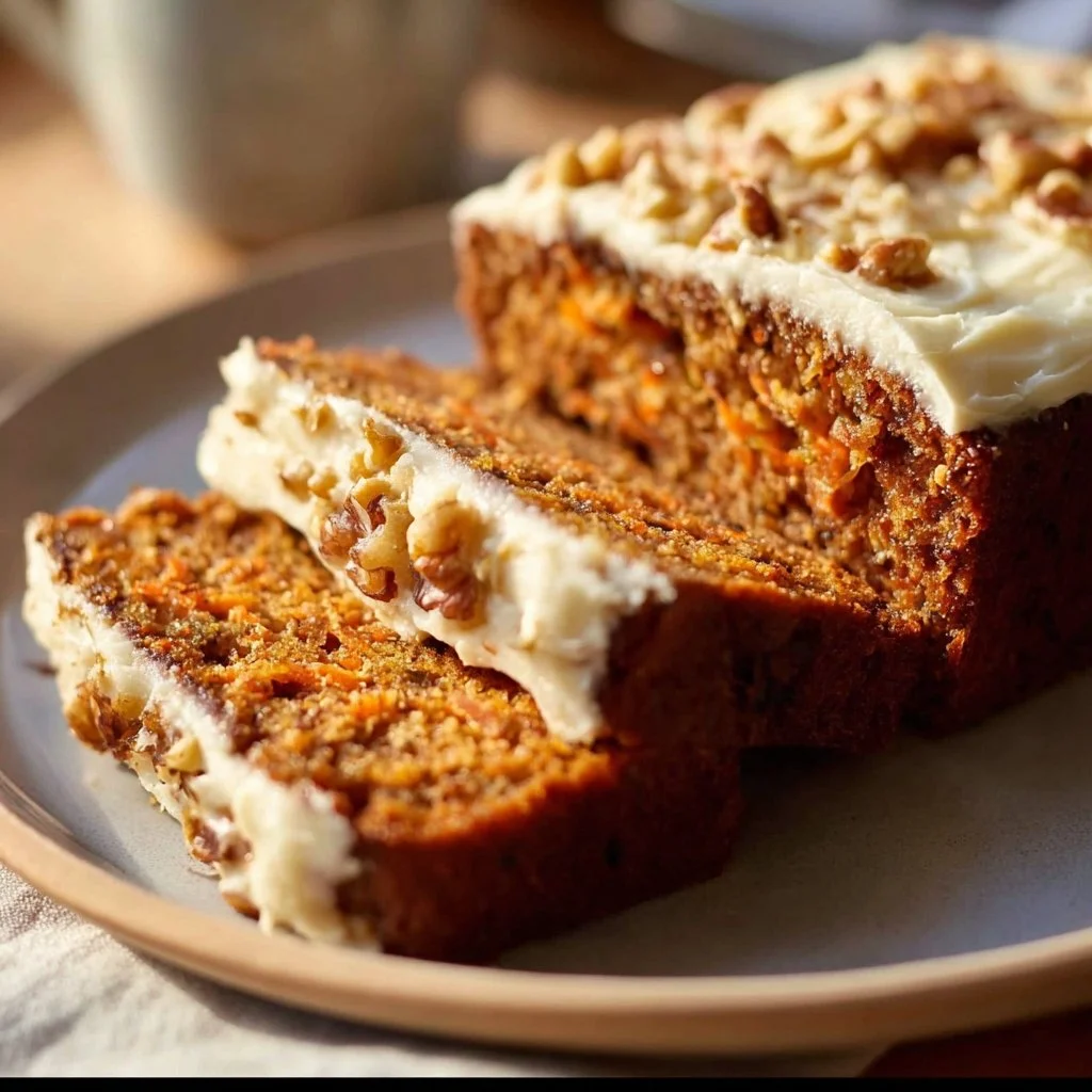 Moist carrot cake loaf with walnuts and cream cheese frosting