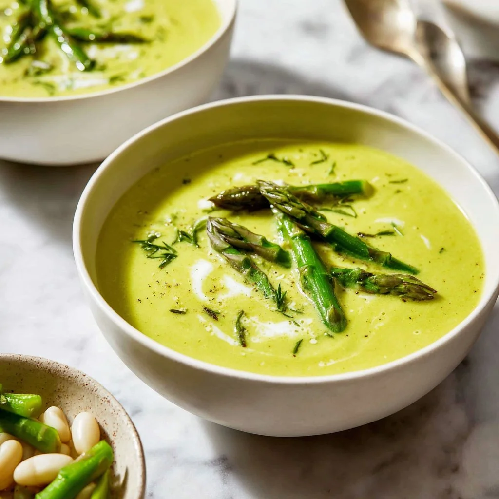 Bowl of creamy asparagus soup made without cream, garnished with fresh herbs.