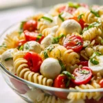 Creamy Caprese pasta salad featuring tomatoes, mozzarella, and basil.