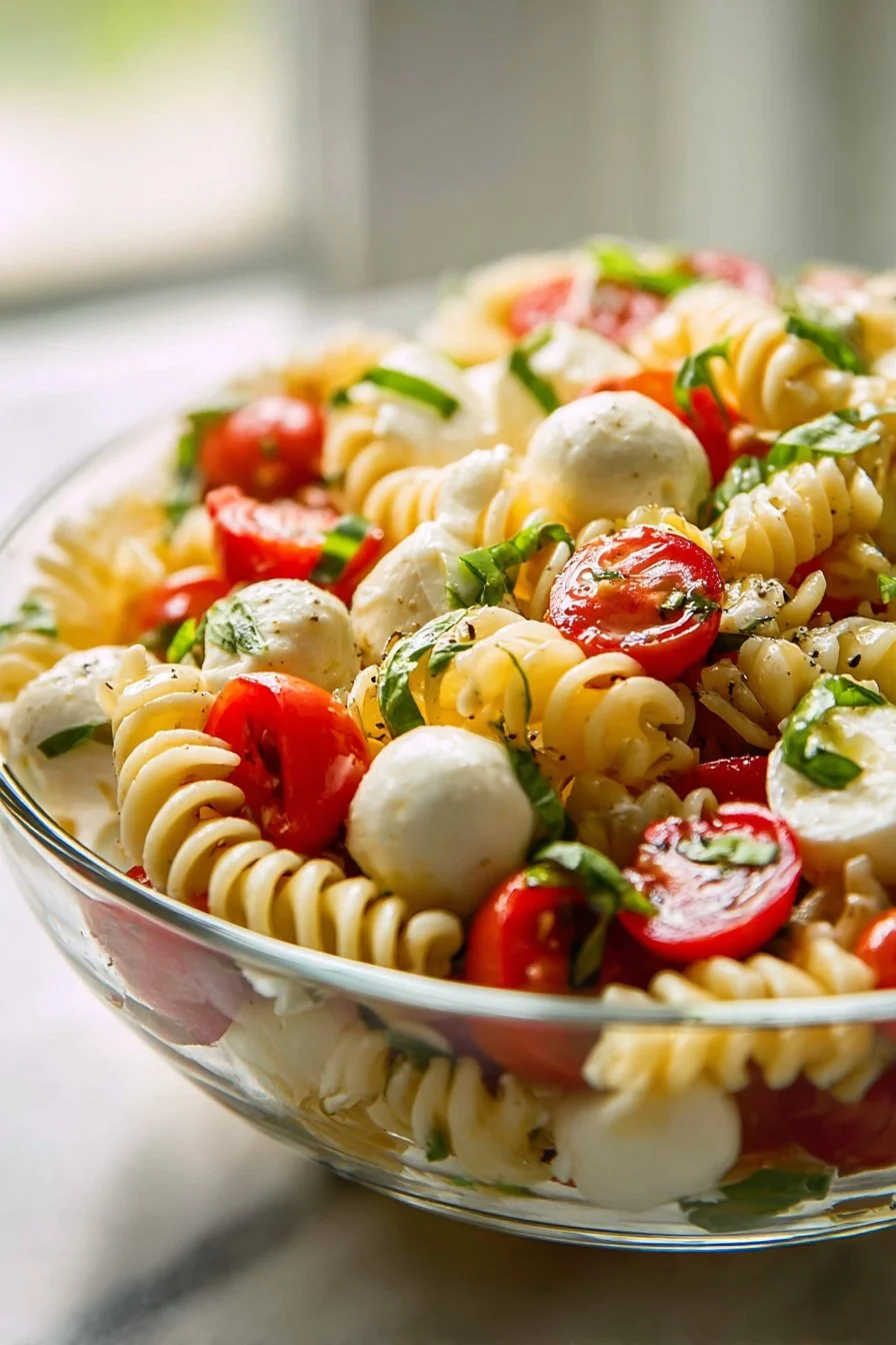 Creamy Caprese Pasta Salad 1 Creamy Caprese pasta salad featuring tomatoes, mozzarella, and basil.