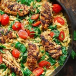 Creamy chicken orzo dish served in a bowl, showcasing a delicious one pan dinner.