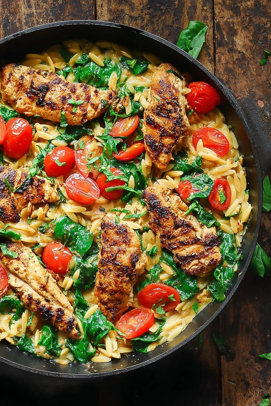 Creamy chicken orzo dish served in a bowl, showcasing a delicious one pan dinner.