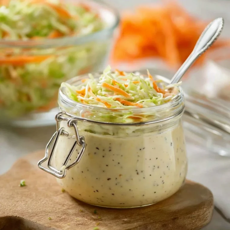 Creamy coleslaw dressing mixed in a bowl with fresh vegetables