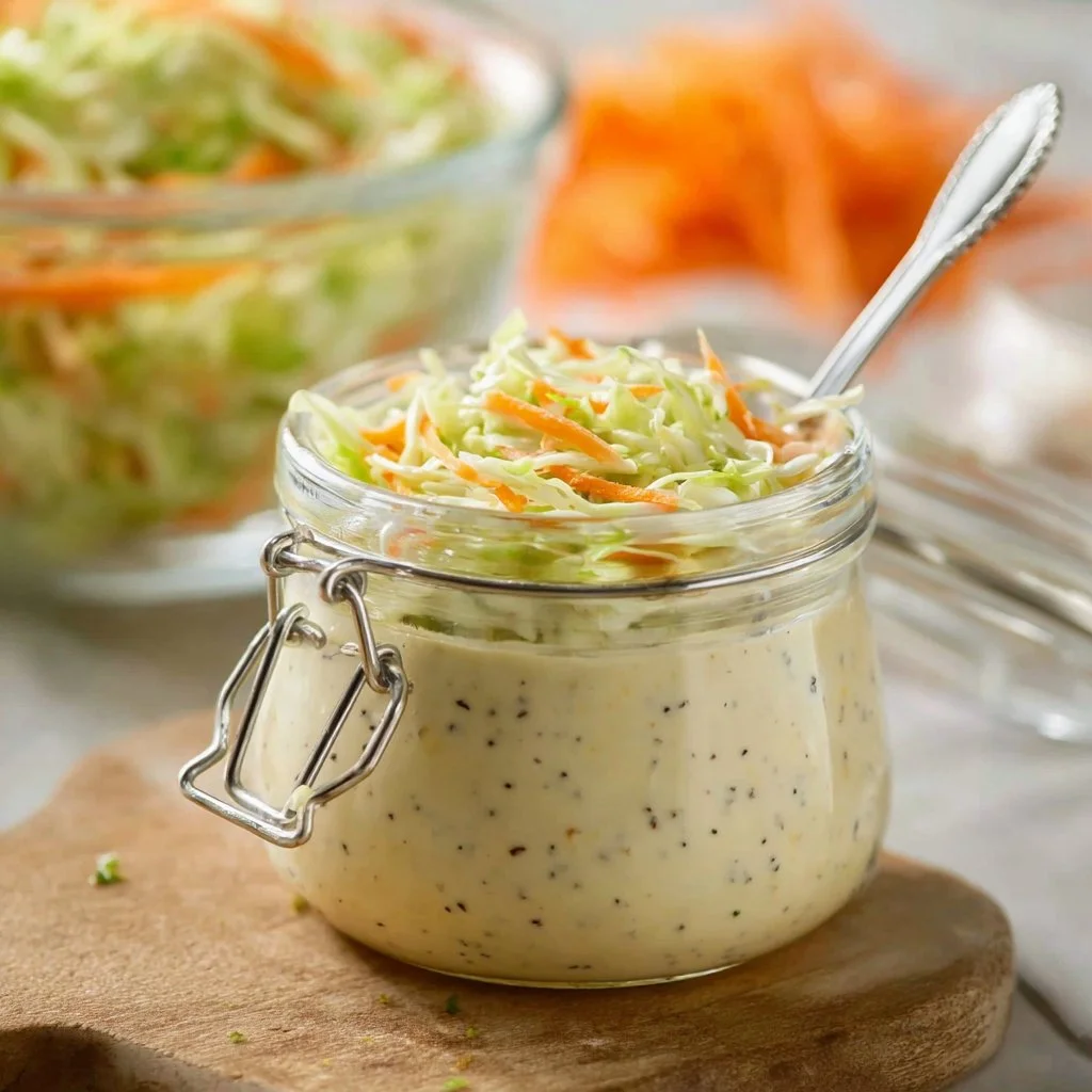 Creamy coleslaw dressing mixed in a bowl with fresh vegetables