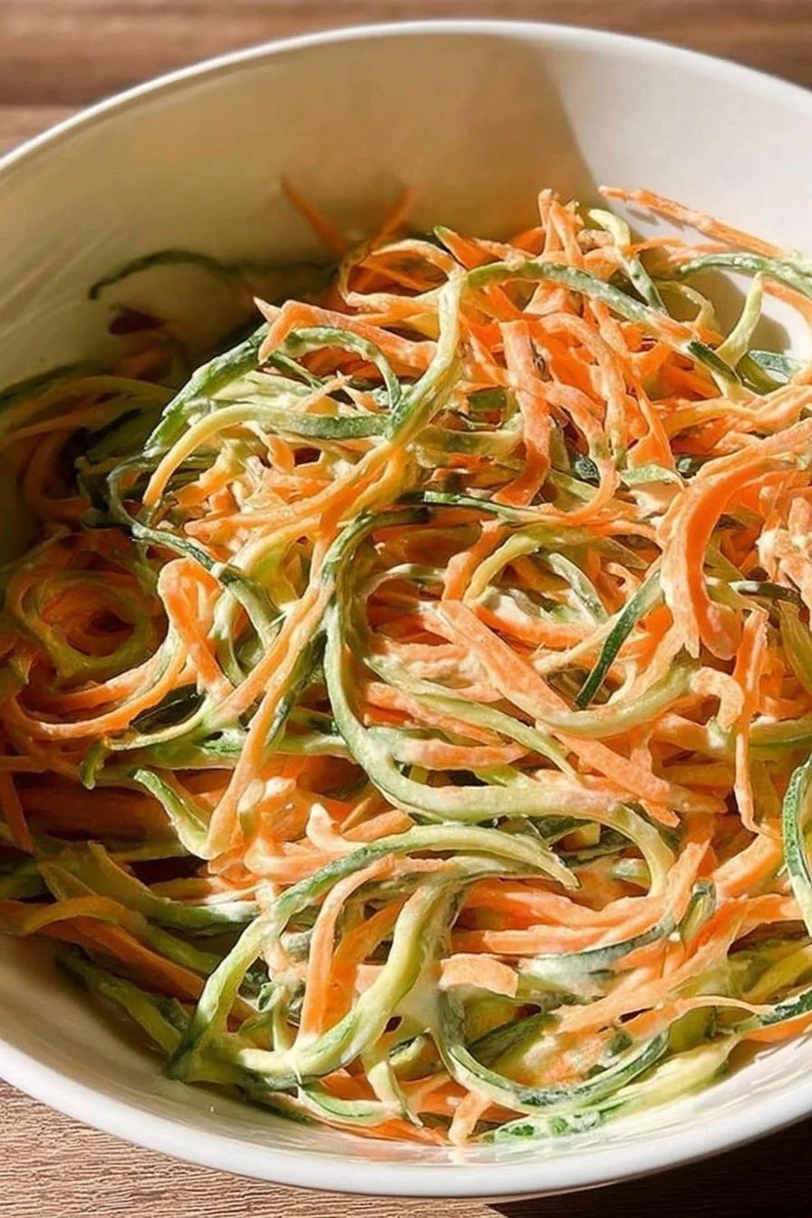 Creamy cucumber and carrot salad in a bowl, garnished with herbs.
