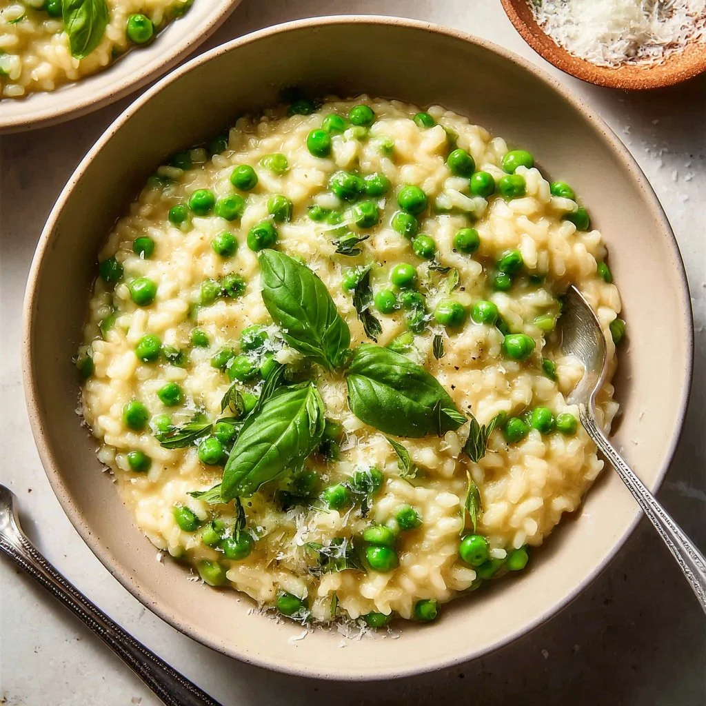 Creamy Spring Pea Risotto 3 Creamy spring pea risotto dish served in a bowl