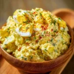 Deviled egg potato salad served in a bowl with garnishes