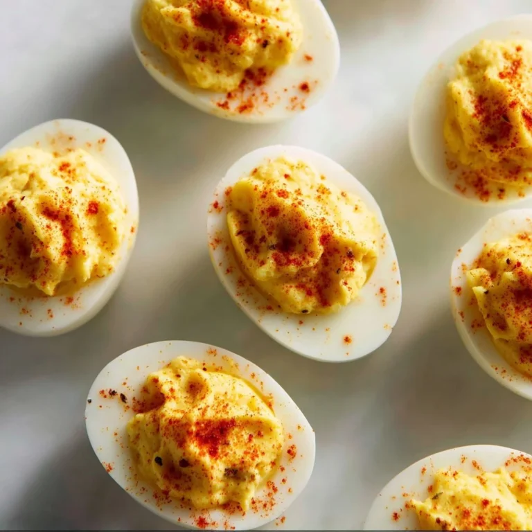 Home 5 A plate of creamy, flavorful deviled eggs topped with paprika and herbs.