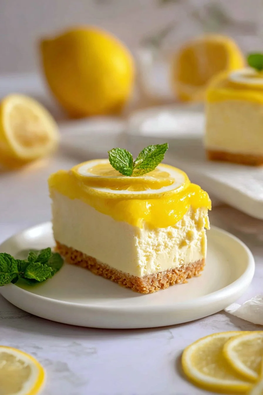 Delicious no-bake vegan lemon cheesecake bars topped with fresh lemon zest.