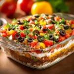 Easy 7 Layer Taco Dip served in a colorful dish with vibrant toppings